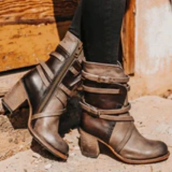 Freebird by Steven Baker Gray Leather Strap Biker Heel Western Boots Women's 11 - Picture 4 of 8